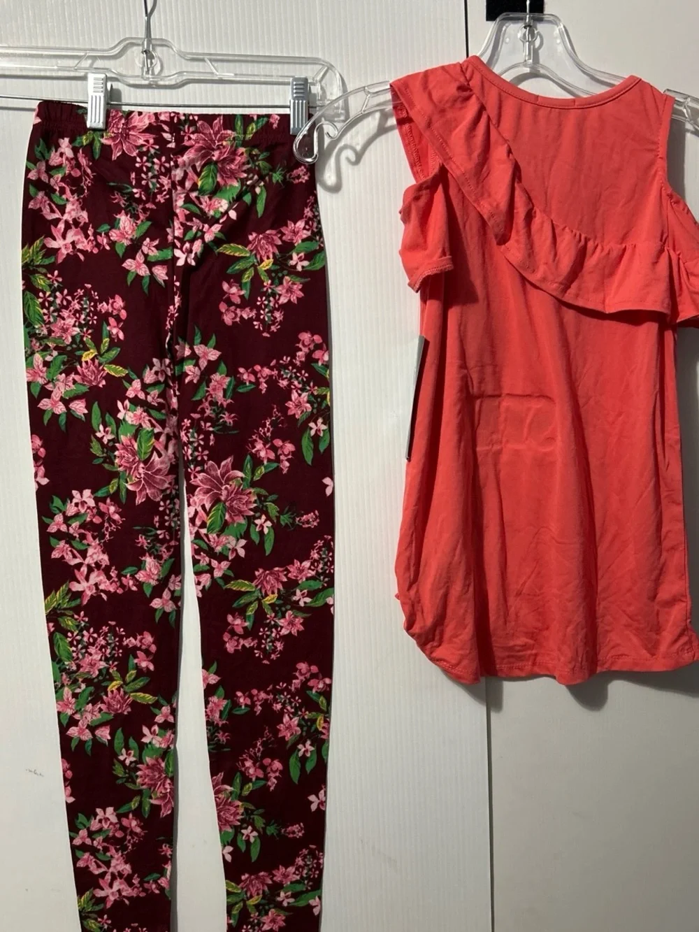 coral ruffle tee & floral burgundy leggings matching set